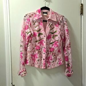 Pink flower button shirt blouse